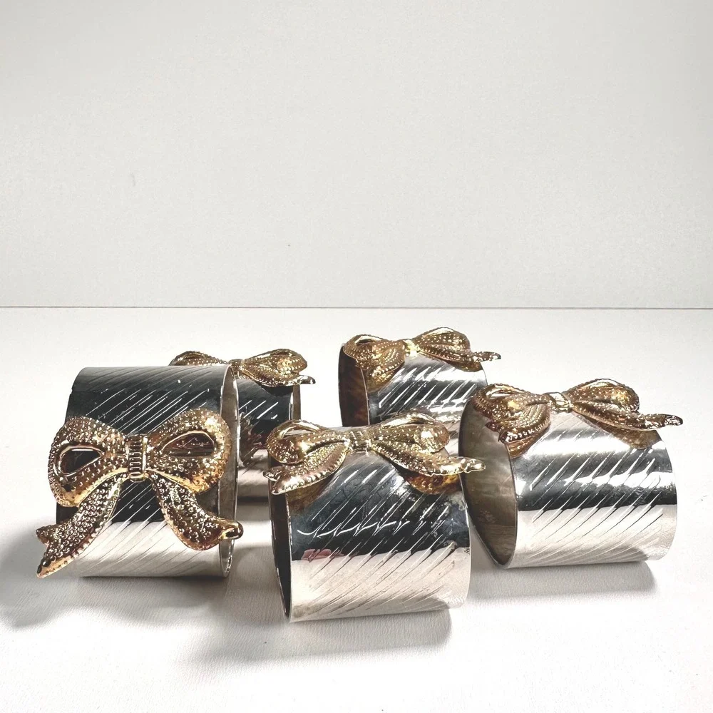 Set‎ of Vintage Elegance Silver Plate Napkin Rings Gold Bow Cottagecore Art Deco